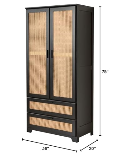 Pine Wood Closet with Rattan Doors and Two Drawers (Black)