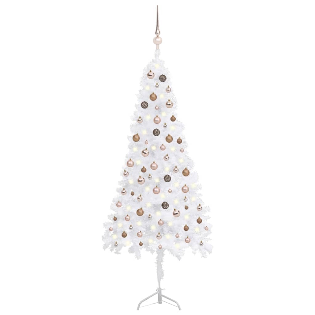 Vidaxl White Artificial Corner Christmas Tree With Led Lights, Rose Gold Ball Decorations, Steel Stand - 82.7 Inches Pvc Christmas Décor For Small Spaces