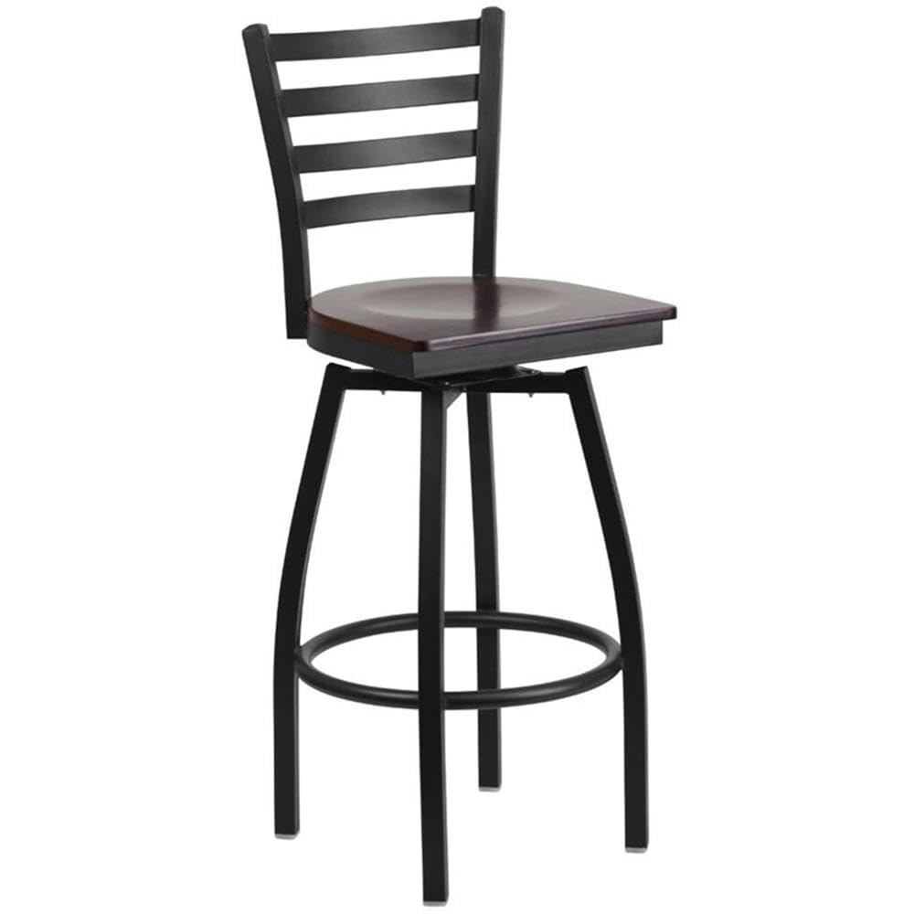 Flash Furniture HERCULES Series Black Ladder Back Swivel Metal Barstool - Walnut Wood Seat
