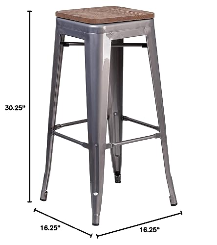 Flash Furniture Lincoln 30" High Backless Clear Coated Metal Barstool with Square Wood Seat