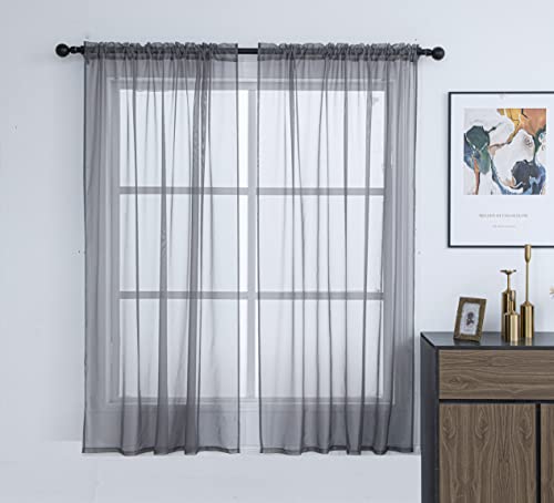 Pi Grey Sheer Curtains 63 Inches Length,Extra Light Voile Window Draperies For Living Room/Bedroom 2 Panels (Dark Grey,W42Xl63)