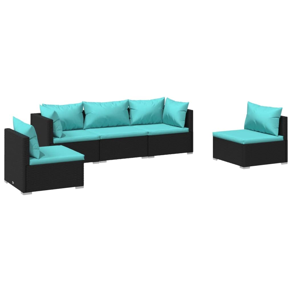 vidaXL Patio Lounge Set, 5-Piece with Cushions - Black Poly Rattan Frame- Water Blue Cushions - Modular Design - Powder-Coated Steel and Plastic