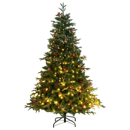 vidaXL Artificial Hinged Christmas Tree with LEDs - 82.7&quot; Tall with Sturdy Iron Stand, Lifelike PE Tips, 8 Lighting Modes, and Natural Decorations