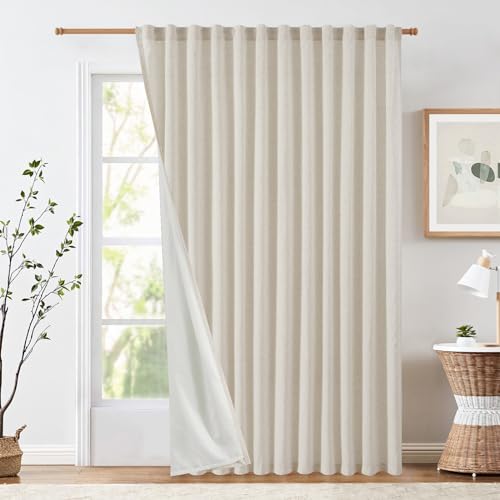 Jinchan Linen Blend Beige Curtains 100Wx84L Inches For Living Room Extra Wide Farmhouse Rod Pocket Back Tab Light Filtering Window Drapes With Lined For Bedroom Crude 1 Panel Ecru