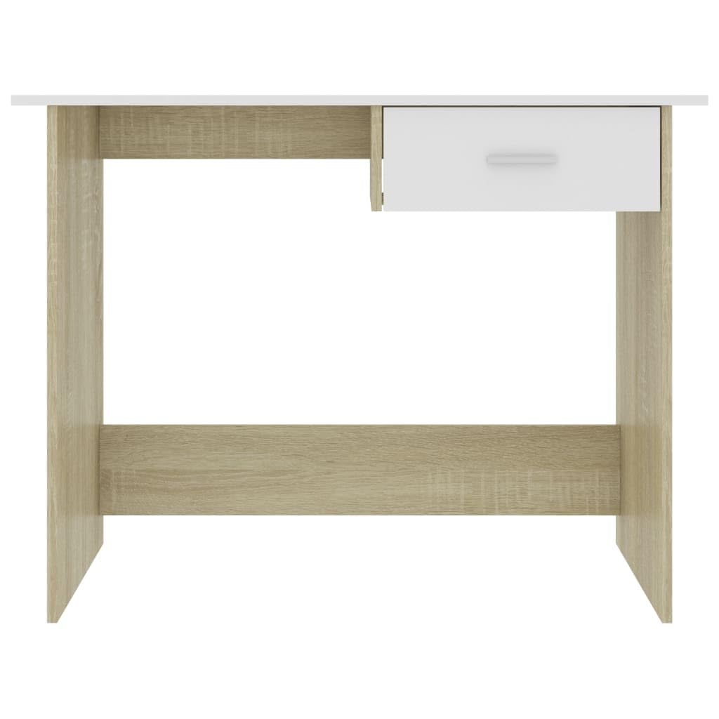vidaXL Modern Desk in White and Sonoma Oak - Sleek Engineered Wood Construction with Integrated Drawer for Storage and Easy Clean Surface ?39.4x19.7x29.9