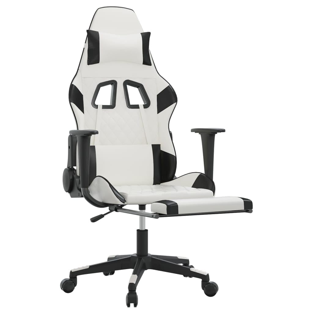 vidaXL Massage Gaming Chair for Adult, Reclining Computer Chair with Footrest and Headrest, Height Adjustable Office Chair with 360°-Swivel Castors, White and Black Faux Leather