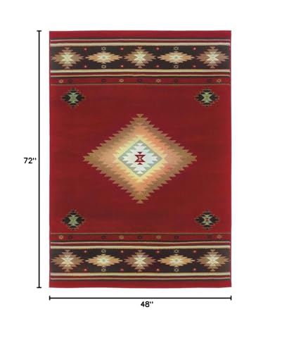 HomeRoots Polypropylene 4’ x 6’ Red and Beige Ikat Pattern Area Rug