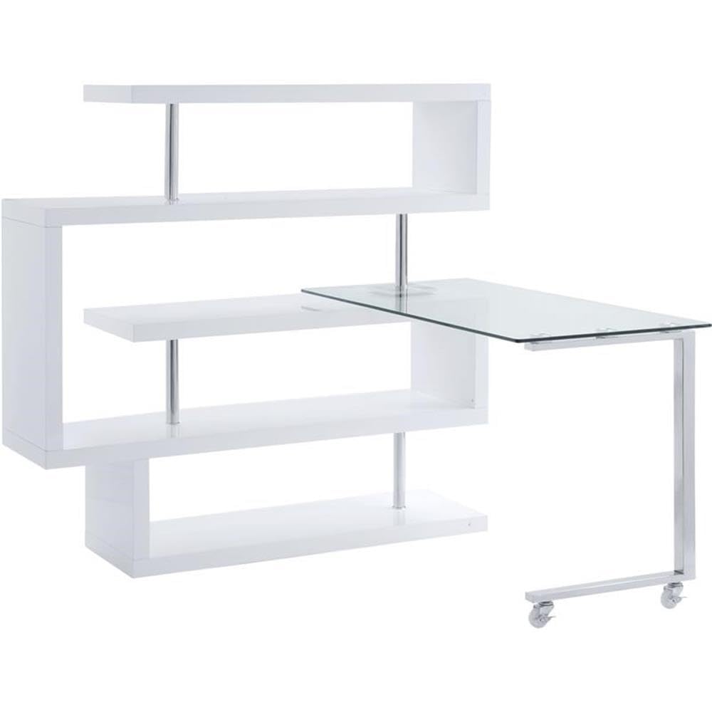 Acme Buck II Glass Top Writing Desk in Chrome and White High Gloss