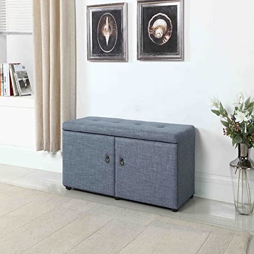 HomeRoots Wood, Polyurethane Foam: 97%, Polyester Fabric: 3% Blue Gray Linen Look Double Door Shoe Storage Bench