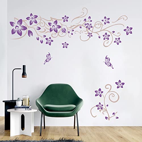 Supzone Flowers Vine Wall Decals Purple Flowers Wall Stickers Butterfly Wall Decor Removable Vinyl DIY Home Wall Art Stickers fo