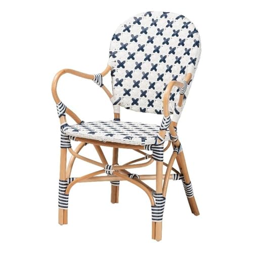 Baxton Studio Bryson Modern French Blue and White Weaving and Natural Rattan Bistro Chair