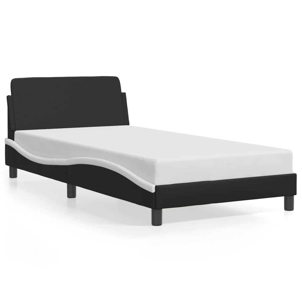 vidaXL Modern Single Bed Frame with Headboard - 39.4&quot;x79.9&quot; Faux Leather Black/White, Metal Support Legs, Plywood Slats