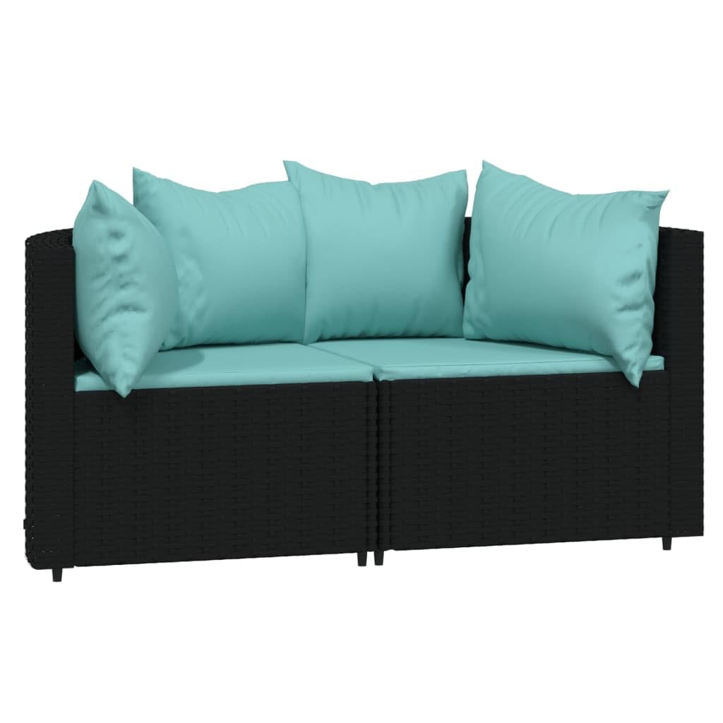 vidaXL Patio Loveseats 2 Pcs Sectional Furniture with Cushions - Black Poly Rattan, Foam and Fiber Cotton Filling, Outdoor Corner Sofas for Garden