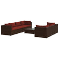 vidaXL 8-Piece Patio Lounge Set with Cushions - Modular Design - PE Rattan - Powder-Coated Steel Frame - Glass Tabletop - Fabric Cushions - Brown/Red