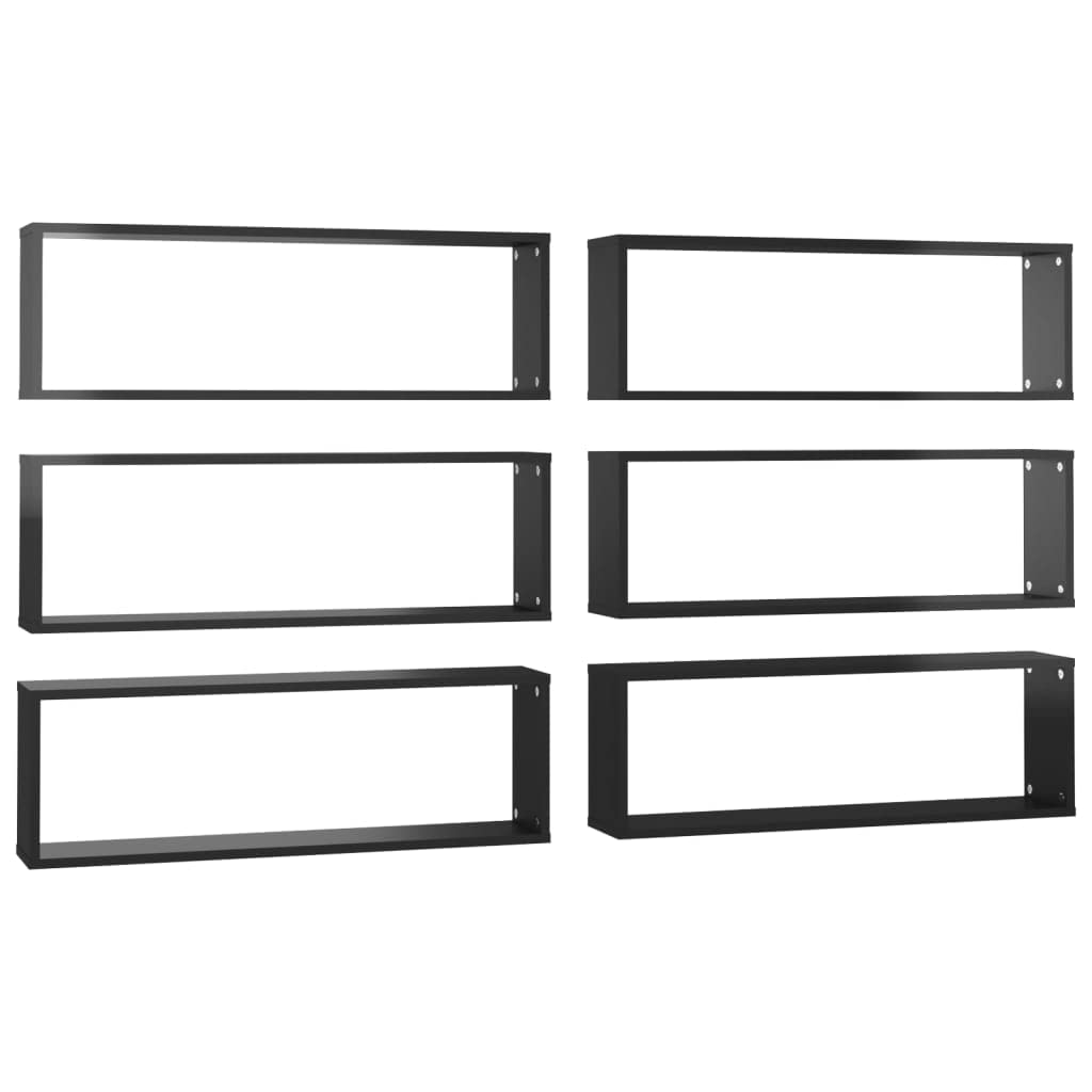 vidaXL Wall Cube Shelves 6 pcs High Gloss Black 31.5&quot;x5.9&quot;x10.4&quot; Engineered Wood