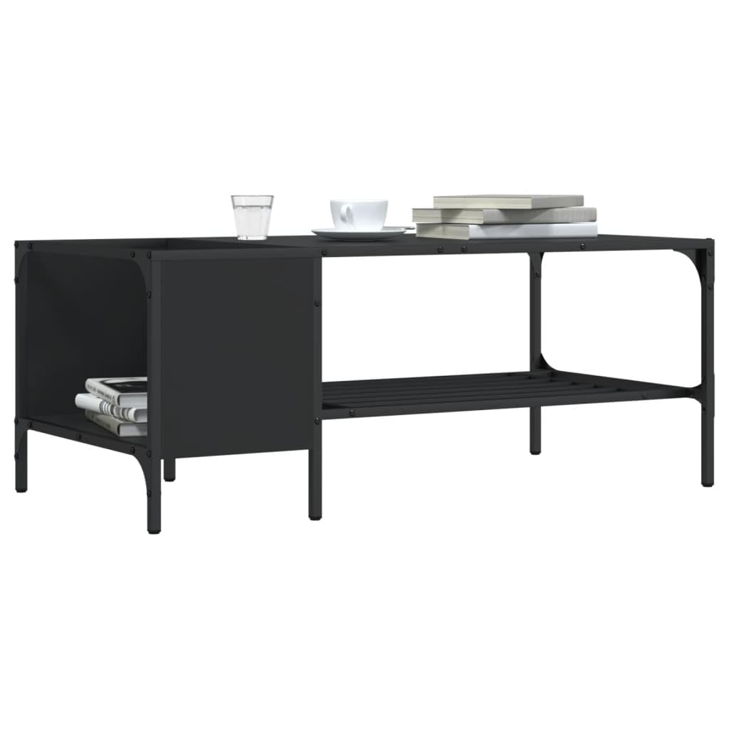 vidaXL Black Coffee Table with Rack - Elegant Sofa Table for Living Room with Side Storage Rack and Adjustable Feet - Engineered Wood and Metal Frame.