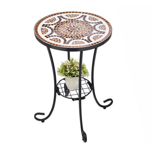 Vcuteka Outdoor Side Table Mosaic Patio Table Accent Table Mosaic Tile Top Metal Frame Small End Table Porch Beach Patio Garden Balcony Russet 14''