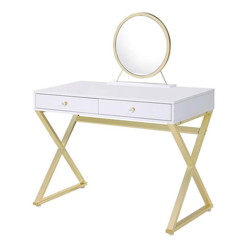 Acme Coleen 2 Wooden Drawers Vanity Desk with Jewelry Tray in White and Gold