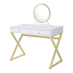Acme Coleen 2 Wooden Drawers Vanity Desk with Jewelry Tray in White and Gold