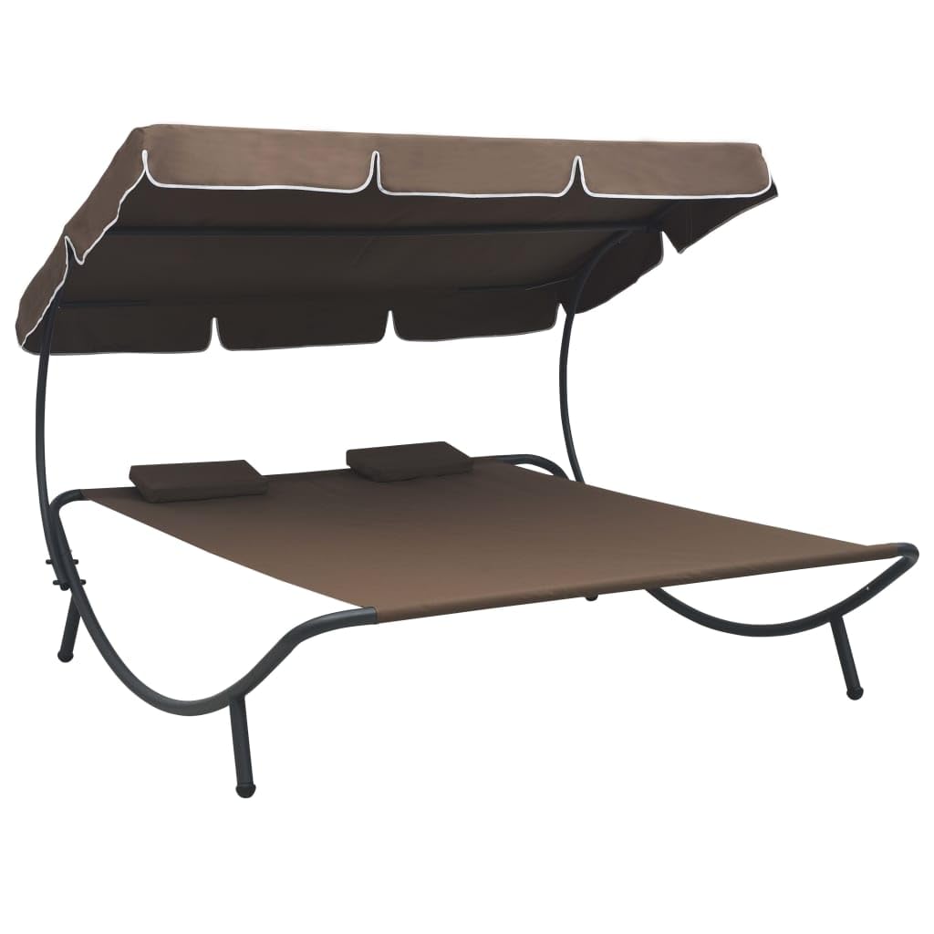 vidaXL Patio Lounge Bed - Doubled Sized Relaxation Bed with Large Canopy and Two Pillows - Durable Weather-Resistant Oxford Material - Brown