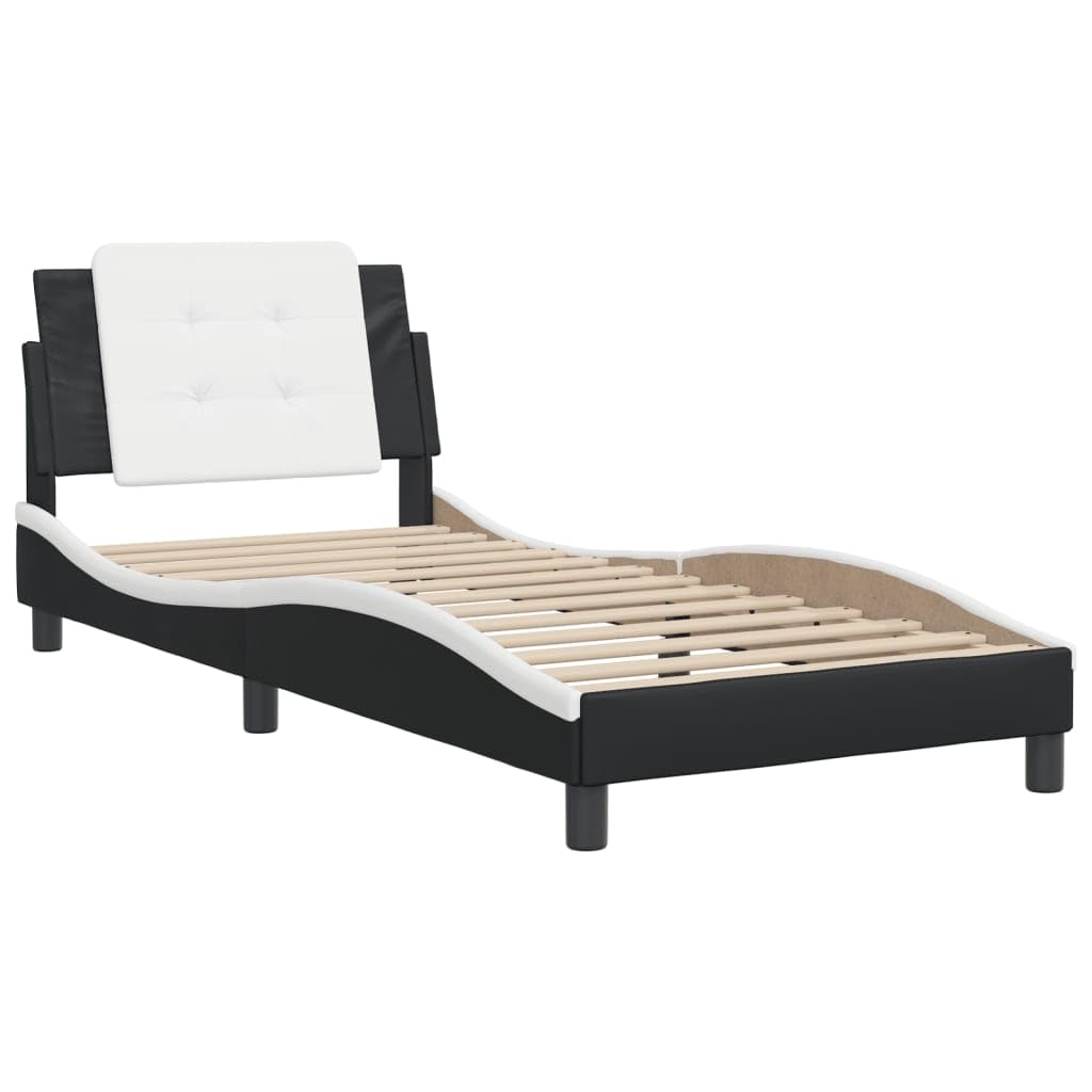vidaXL Twin Bed Frame - Black and White - Modern Faux Leather with Headboard Cushion - 39.4"x74.8"