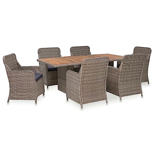 vidaXL Outdoor Patio Dining Set 7-Piece - Poly Rattan Construction with Durable Acacia Wood Table Top - Includes Comfortable Seat Cushions - Brown and Dark Gray