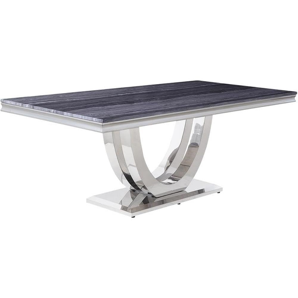 Acme Cambrie Dining Table in Faux Marble and Mirrored Silver Finish