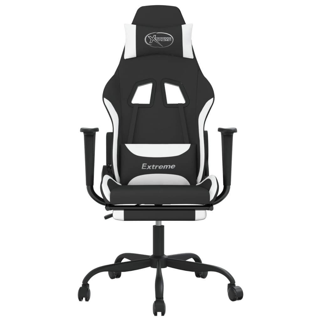 vidaXL Fabric Gaming Chair with Massage Function, Adjustable Backrest and Footrest, Black and White, Modern Style, Lightweight and Durable Material