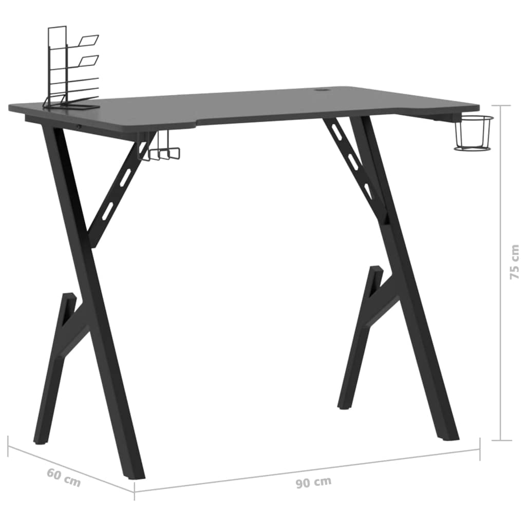 vidaXL Black Gaming Desk - Engineered Wood & Iron Y-Shaped Legs - Spacious PC Table with Cup/Headphone/Controller Holders for Office & Home