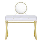 Acme Coleen 2 Wooden Drawers Vanity Desk with Jewelry Tray in White and Gold