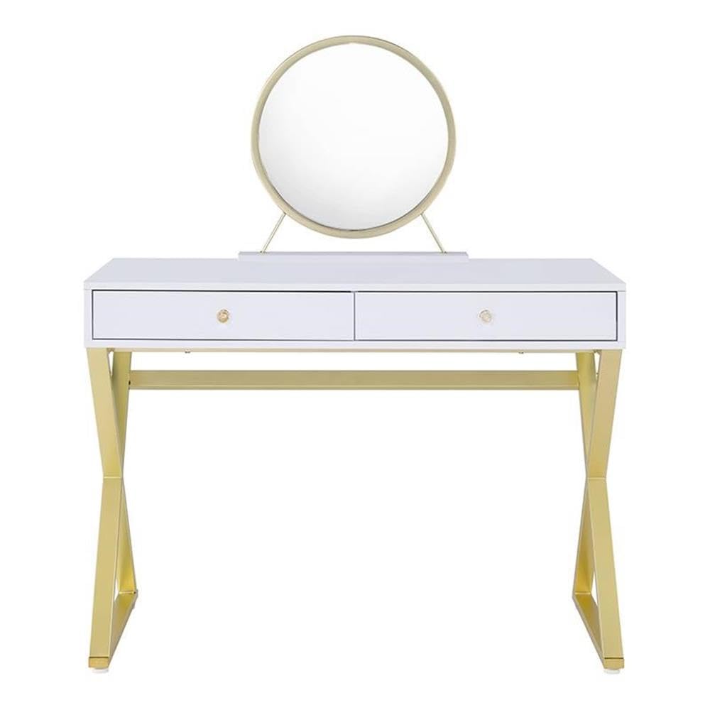 Acme Coleen 2 Wooden Drawers Vanity Desk with Jewelry Tray in White and Gold