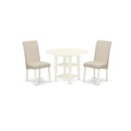 East West Furniture Suba3-Lwh-01 3 Piece Kitchen Table Set Contains A Round Dining Table With Dropleaf & Shelves And 2 Cream Linen Fabric Parson Dining Chairs, 42X42 Inch, Linen White