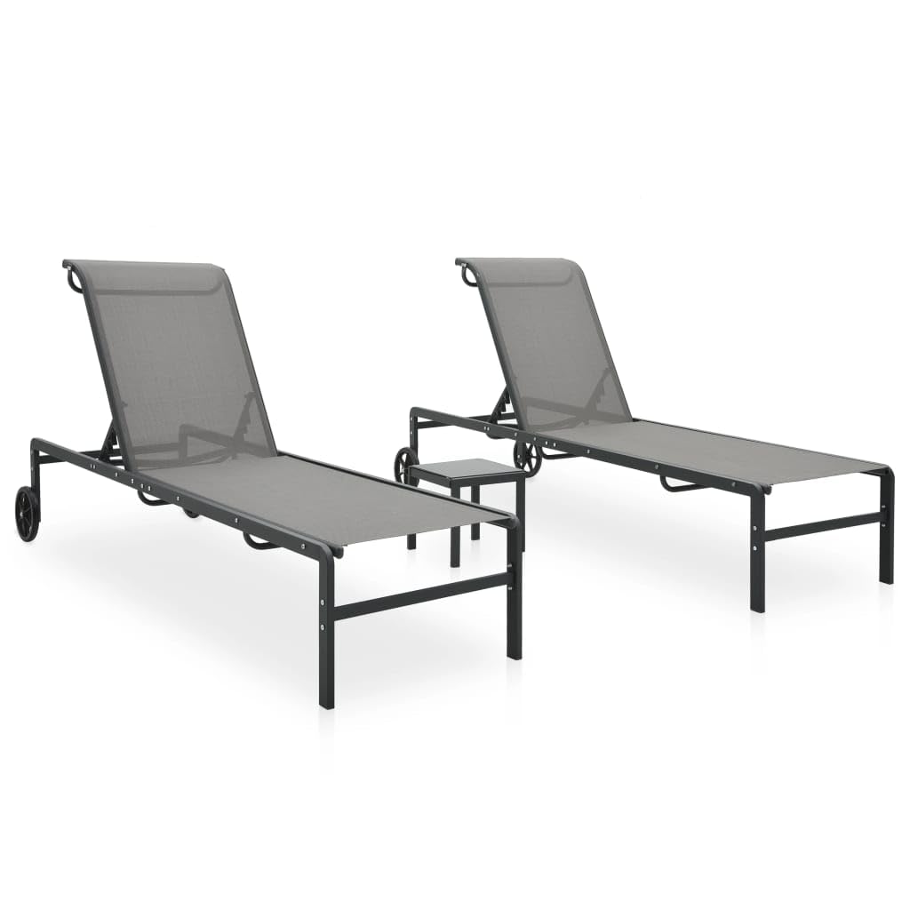 vidaXL Outdoor Sun Loungers Set of 2 with Table - Adjustable Backrest, Easy to Clean Textilene, Lightweight Steel Frame, Gray