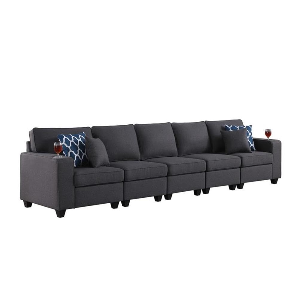 Lilola Home Cooper Dark Gray Linen 5-Seater Sofa with Cupholder