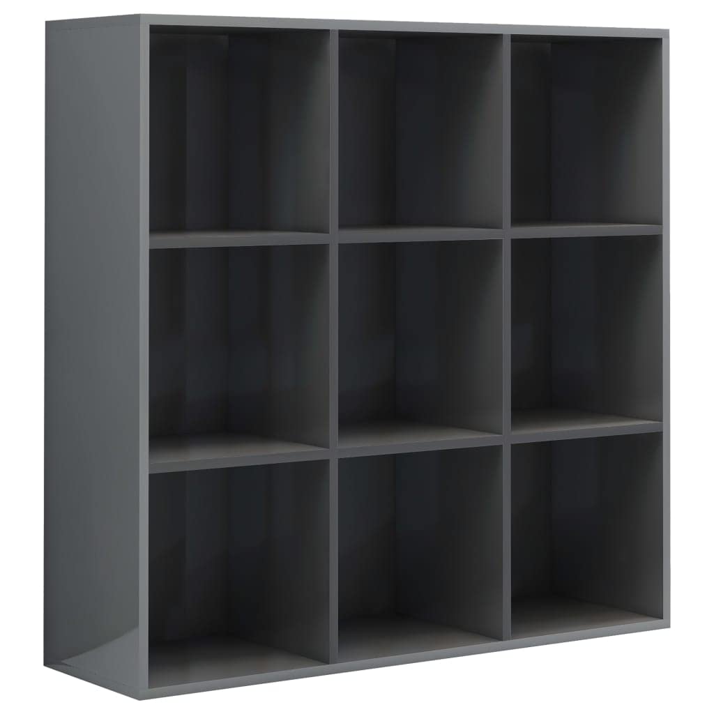 vidaXL High Gloss Gray Book Cabinet with 9 Compartments - Spacious Scandinavian Style Bookshelf in Engineered Wood for Organized Storage