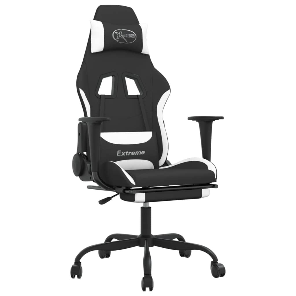 vidaXL Fabric Gaming Chair with Massage Function, Adjustable Backrest and Footrest, Black and White, Modern Style, Lightweight and Durable Material