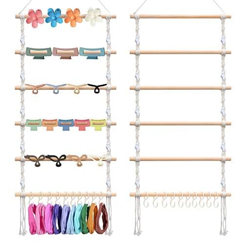 Royalmacrame Hanging Hair Accessories Organizer, Macrame Display With Wooden Rods, Wall Mount Storage For Hair Ties, Bows, Clips