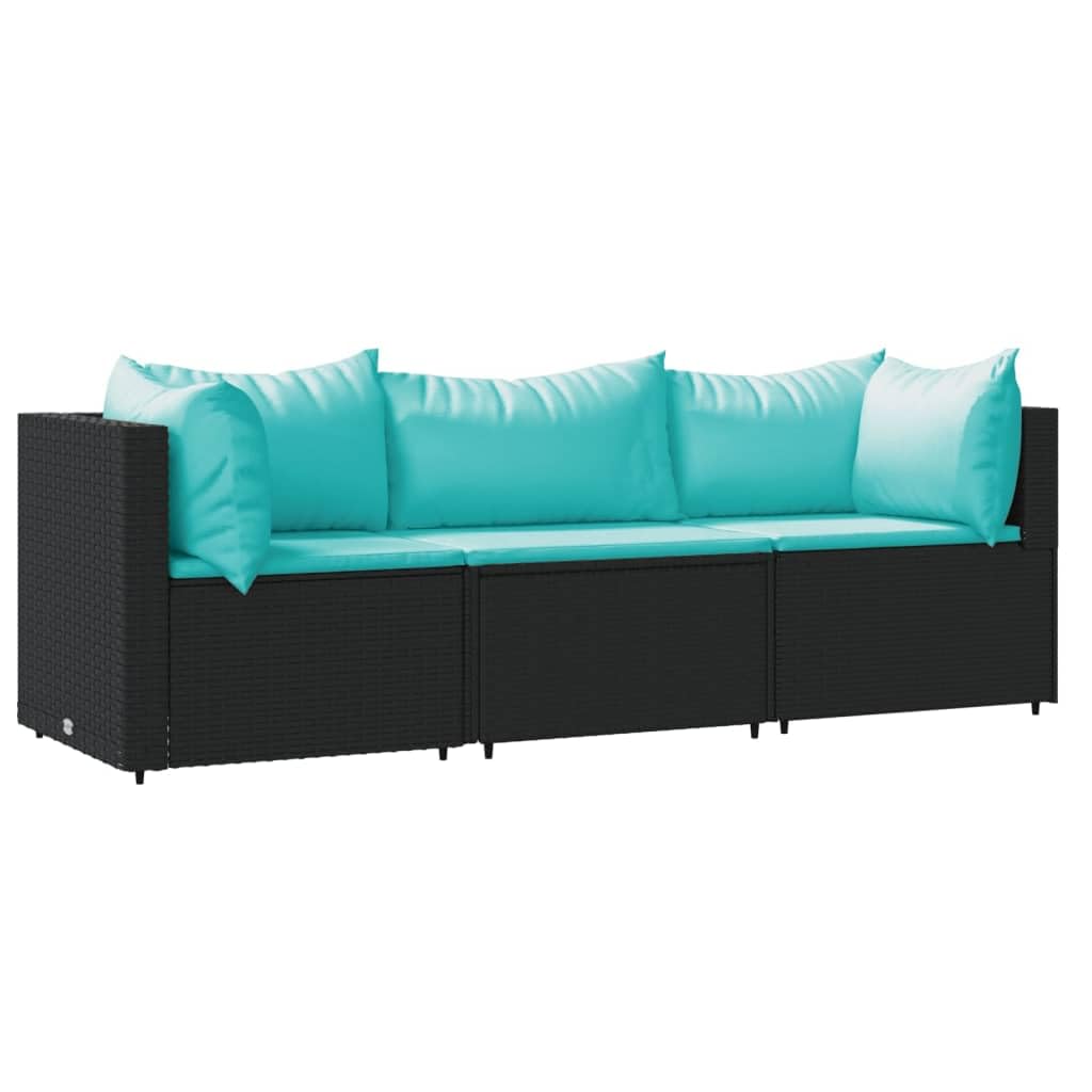 vidaXL Black Poly Rattan 3 Piece Patio Lounge Set with Water Blue Cushions - Outdoor Weather-Resistant Modular Sofa Set with Sturdy Powder-Coated Steel Frame