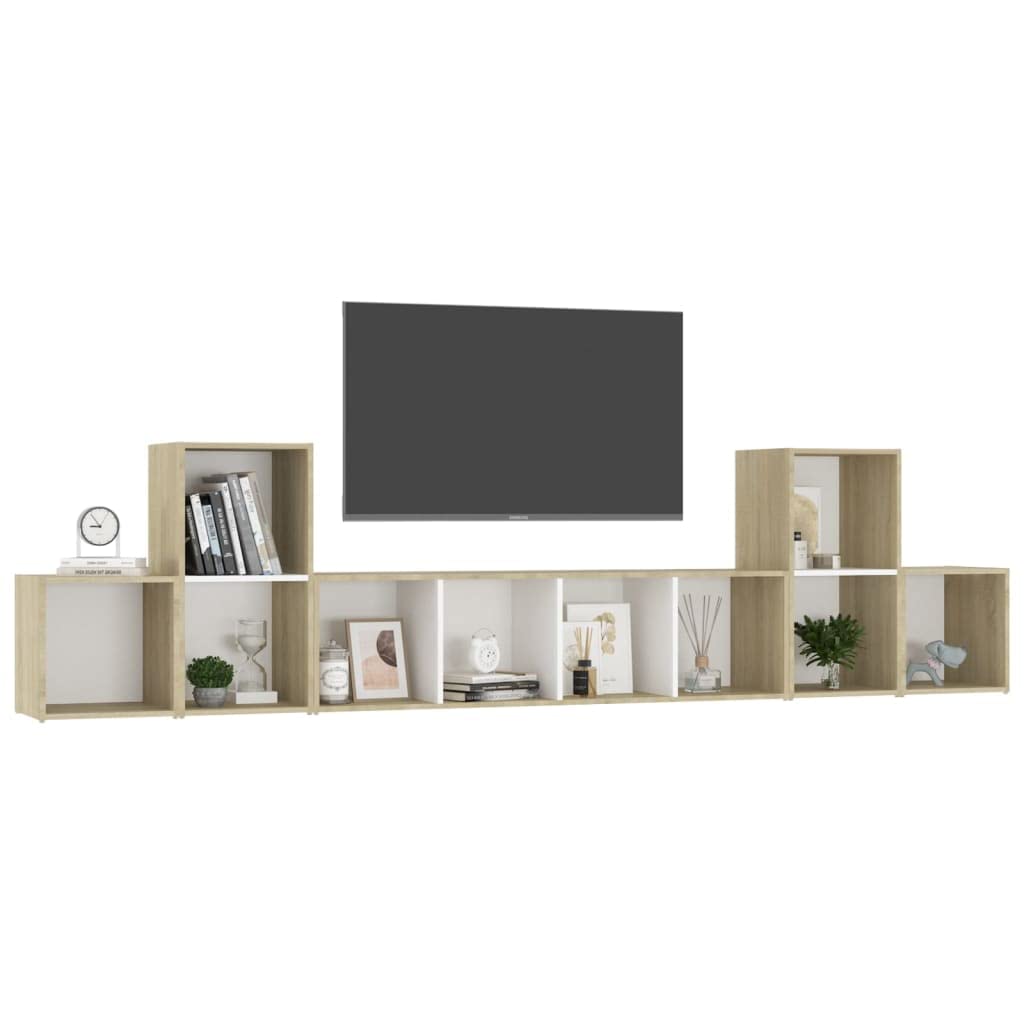vidaXL TV Stand Set 5 Piece, TV Stand for Living Room, Sideboard with Storage, Media Unit Cupboard, Modern, White and Sonoma Oak Engineered Wood