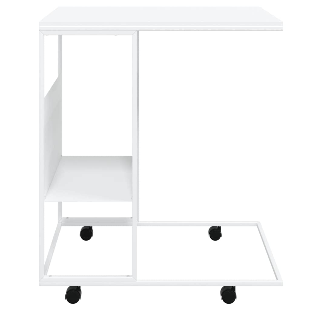 vidaXL Side Table with Wheels, C-Shaped, White - Engineered Wood and Iron, Versatile for Living Room, Bedroom, Office