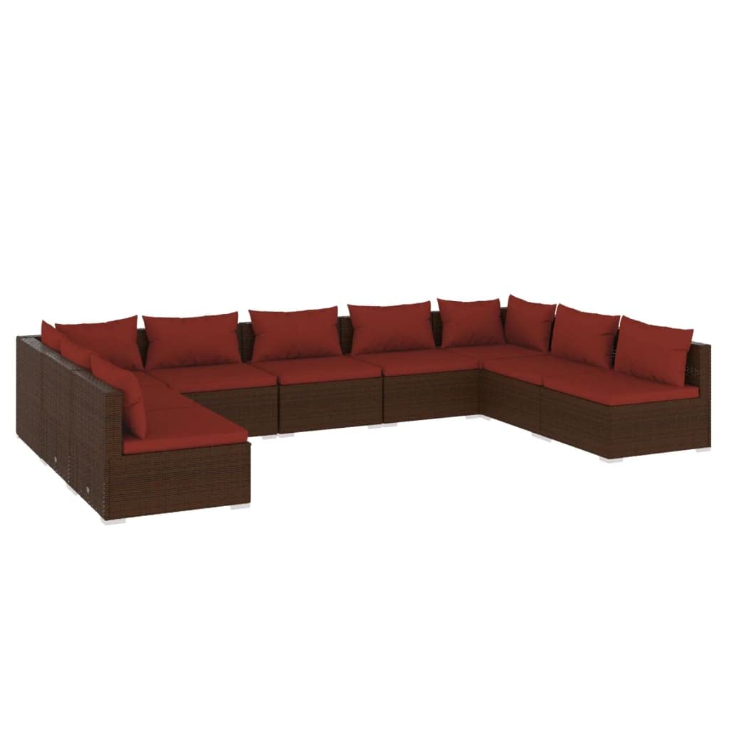 vidaXL Poly Rattan 9 Pc Patio Lounge Set - Brown with Cinnamon Red Cushions, Lightweight, Durable, with Modular Design and Comfortable Fabric Cushions