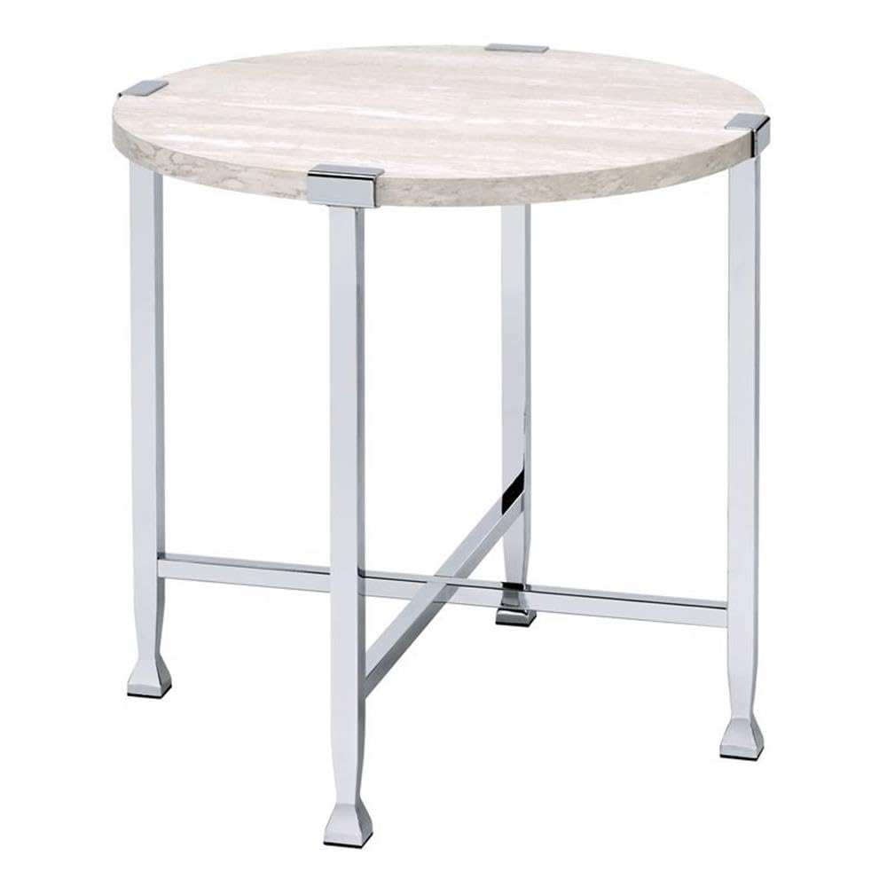 Acme Brecon Round Wooden Top End Table in White Oak and Chrome