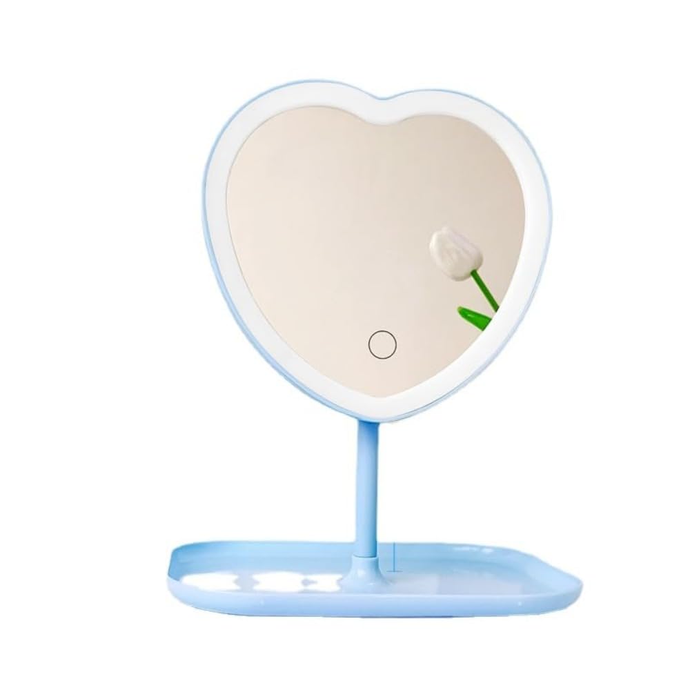 Taolivingmart Vanity Mirror, Heart-Shaped Makeup Mirror with Three-Level Dimming and LED Lights for Girls and Students (Blue)
