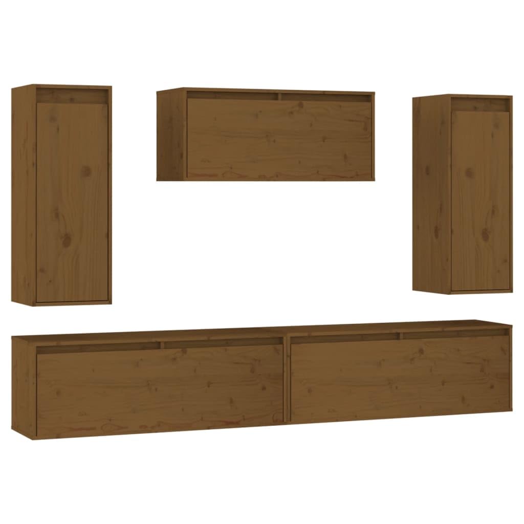 vidaXL TV Stands - Set of 5, Solid Pinewood, Honey Brown Finish, Classic Design, Space Utilizing, Easy to Clean, Perfect for Books, & Collectables.