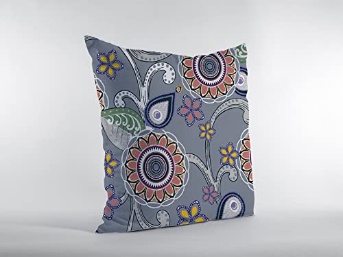HomeRoots Red, Orange, Blue, Green On Gray Broadcloth 20â€ Gray Pink Floral Indoor Outdoor Throw Pillow