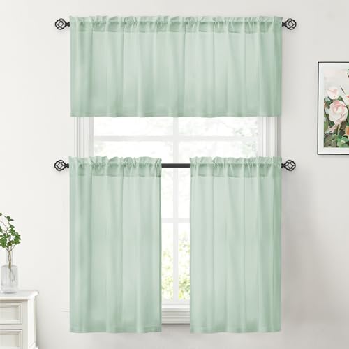 Homeideas Non-See-Through Sage Green Privacy Sheer Curtains 30 X 36 Inches Long 2 Panels Sheer Curtains Light Filtering Window Curtains Drapes For Bedroom Living Room