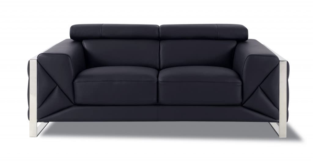 HomeRoots 75&quot; Black Italian Leather and Chrome Solid Color Love Seat