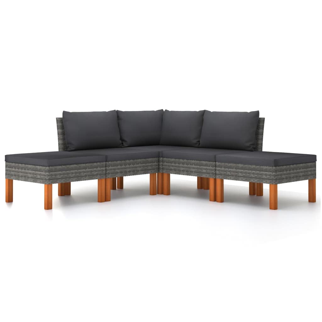 vidaXL 5-Piece Patio Lounge Set with Cushions, Poly Rattan Gray - Weather-Resistant Outdoor Furniture with Powder-Coated Steel Frame, Solid Eucalyptus Wood Legs, Removable Cushions - Lightweight,...