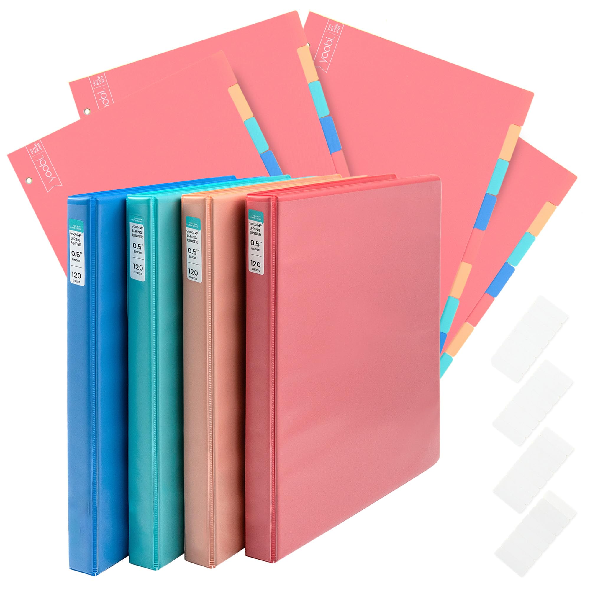 Yoobi 1/2 Inch Multicolor Binder & 8-Tab Divider Set - 4-Pack Of 3-Ring Binders With 2 Pockets, 4-Pack Of Binder Organizer Tabs