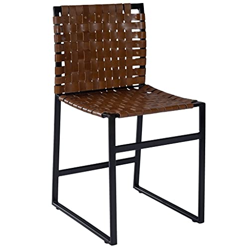 HomeRoots Medium Brown Iron; Black Metal Finish, Real Leather Brown Woven Leather Chair